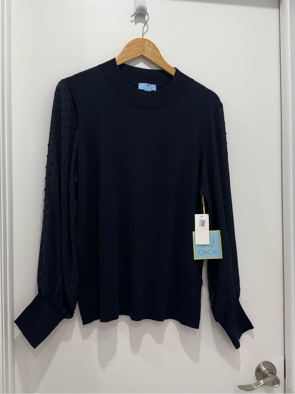CeCe Navy Blue Sweater Women’s Large Textured Swiss Dot Sheer Sleeves NWT